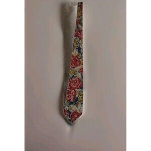 Geoffrey Beene Silk Floral Neck Tie Hand-Made In Italy Red Blue Tan